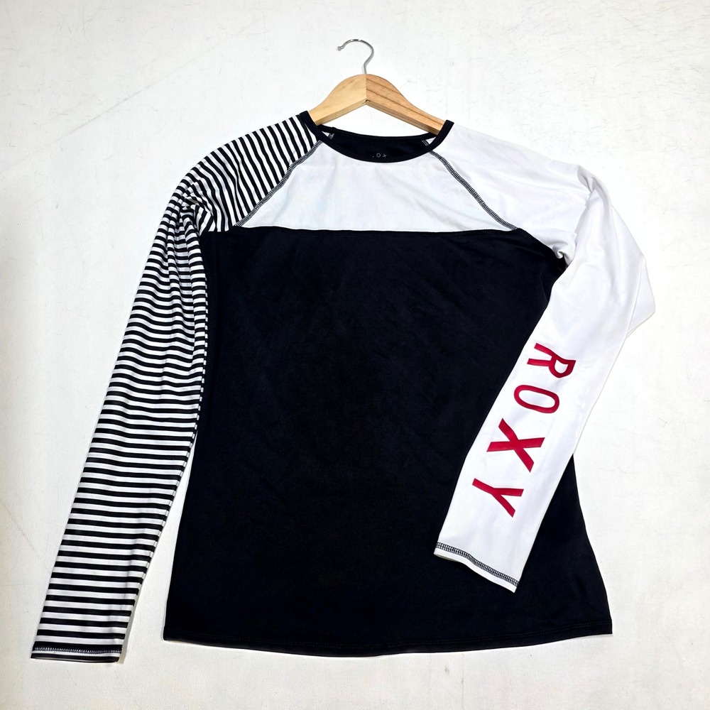 Roxy Rash Guard Women XL Black White Striped Long Sleeve Swim Shirt Logo Raglan